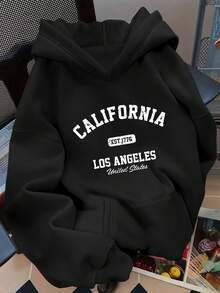 [FNI Fusion]Plus Size Women Clothes | Retro California Los Angeles Letter Print Hoodies For Women, Oversized Casual Going Out Tops Women, Perfect For Vacation Outfits Women & Valentine's Day Date Looks, Cozy Fleece Lined Drop Shoulder Hoodie For Daily & Holiday WearWomen Long Sleeve Sweatshirts Plus Size Spring Break Summer Tops For Women Relaxed Daily Outfit. - 黑色 - 查看 1