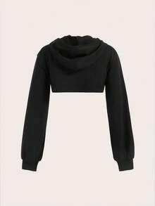 Sudadera corta para mujer, chaqueta deportiva con capucha y cordón, adecuada para combinar con sujetadores deportivos, ideal para actividades al aire libre, correr, yoga, tenis, bádminton - Negro - Ver 5