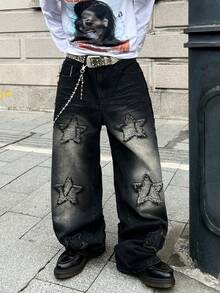 Infinite Jeans 1pc Streetwear Celana Panjang Pria Patchwork Bordir Kaki Lebar Longgar Nyaman Serbaguna Sepanjang Musim Celana Panjang Denim High Street (Produk Tidak Termasuk Sabuk Dan Aksesoris) - Hitam - View 5