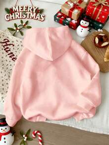 Christmas Teen Girl Sweatshirt Cartoon Bow Santa Claus And Snowman Print Oversized Pullover Sweaters Top Y2K Girl's Preppy Clothes - Pink - View 2