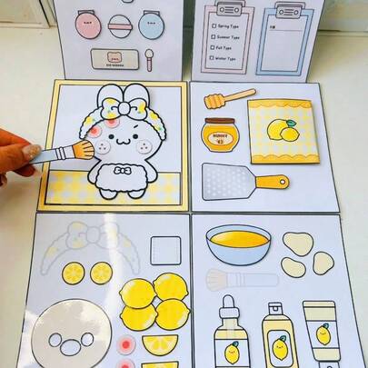 柠檬护肤剪贴簿、美容院安静书、儿童玩具贴纸仿真游戏屋DIY玩具书手工套装，非成品，需手工裁剪和组装