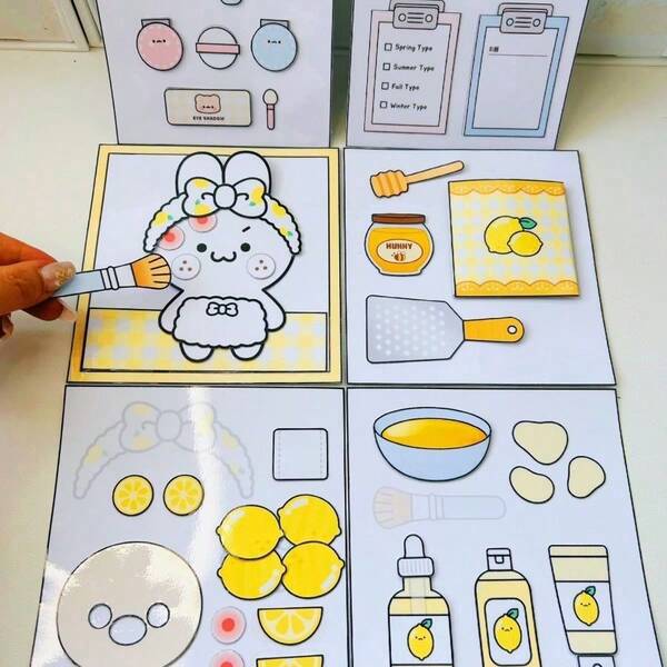 Lemon Skincare Scrapbook, Beauty Salon Quiet Book, Children's Toy Sticker Simulation Playhouse DIY Toy Book Craft Kit, Not Finished Product, Needs Handmade Cutting And Assembly