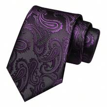 男士黑紫色佩斯利花纹领带、口袋巾、银色领带夹、袖扣和胸针组合套装（1件/2件/3件/5件），适合工作场所、商务场合、会议、婚礼、毕业典礼等各种场合，是男士生日、感恩节、圣诞节、新年等节日的绝佳礼物。 - 黑色 - 查看 3