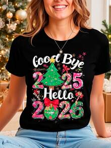 Camiseta informal de poliéster para mujer, de manga corta y cuello redondo, con estampado navideño, ideal para celebrar Año Nuevo, con tejido ligeramente elástico, color negro. - Negro - Ver 1