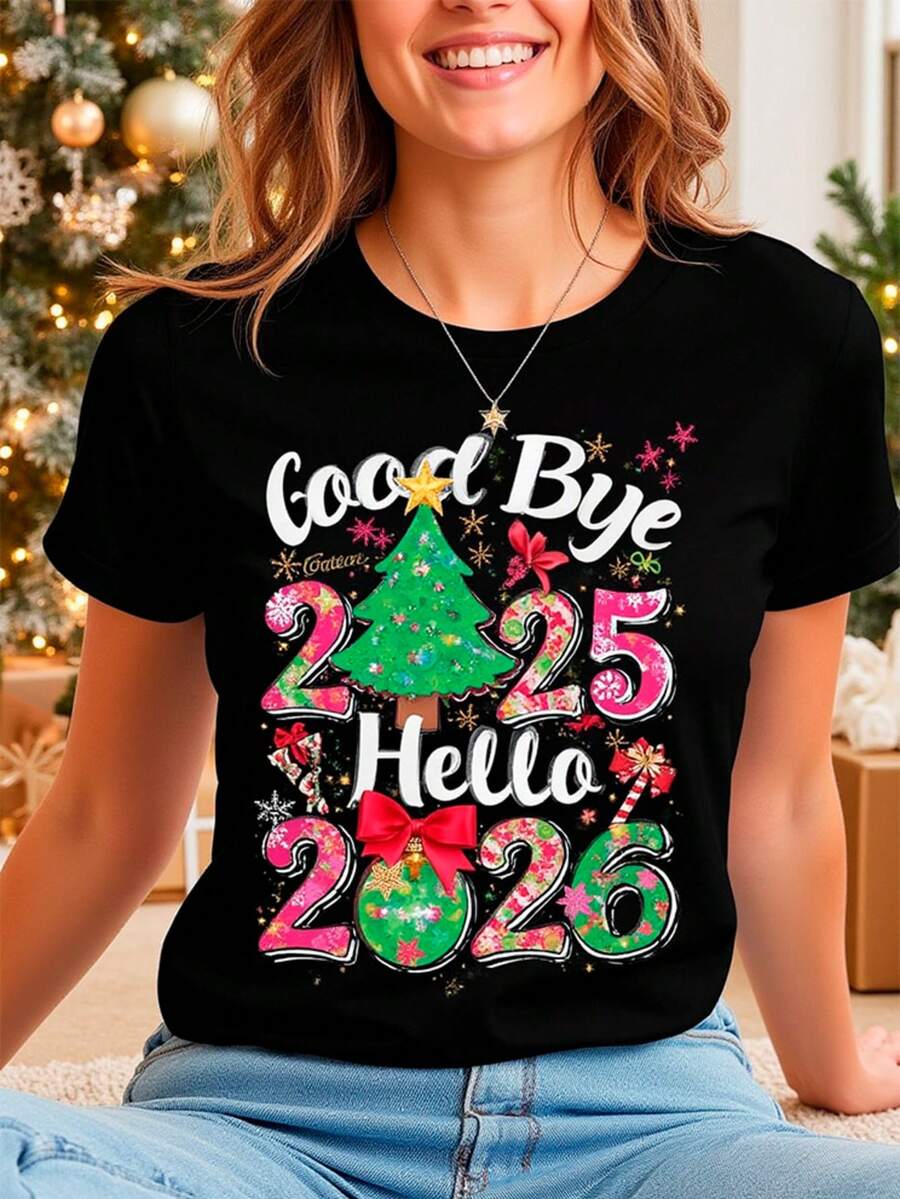 Camiseta informal de poliéster para mujer, de manga corta y cuello redondo, con estampado navideño, ideal para celebrar Año Nuevo, con tejido ligeramente elástico, color negro. - Negro - Ver 1