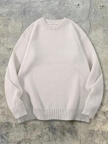 男士休闲宽松纯色套头毛衣，美式街头风，圆领，长袖，百搭，秋冬款 - 淺灰色 - 查看 2