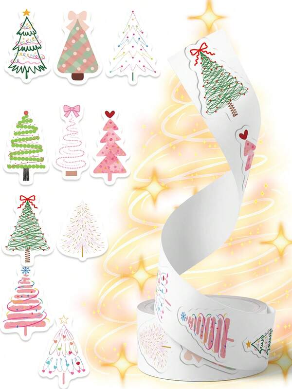 500Pcs/Roll Happy Christmas Tree Boho Stickers Christmas Pine Tree Decals Cartoon Cute Design DIY Gift Wrap Self-Adhesive Stickers For Birthday Holiday Labels Decals For Holiday Party Goodie Bags Gift Cards Scrapbooking Envelopes Box Decorations For Teens Adults Xmas Party Home Decor