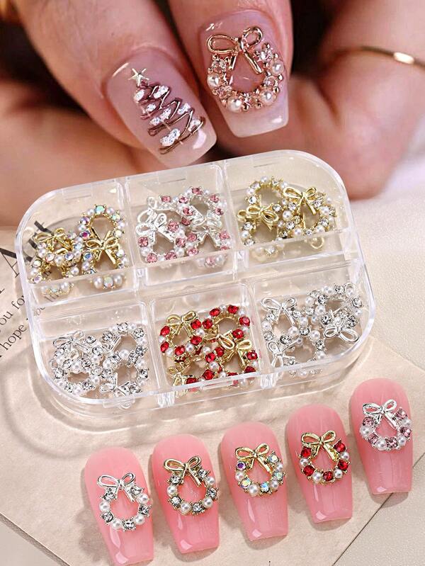 6 Grid Christmas Nail Art Jewelry Gold Silver Bow With Rhinestone Pearl Christmas Round 3D Flat Nail Jewelry Gem Cute Kawaii Nail Art Decoration Nail Salon Nail Supplies DIY