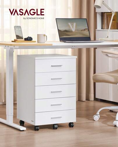 VASAGLE 5-Drawer Filing Cabinet, Mobile File Cabinet For Home Office, Small Rolling Filing Cabinet, Printer Stand, White
