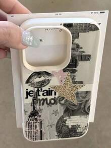 1pc White Matte Textured Personalized Lips & English Text Girl Puzzle Pattern Phone Case, Suitable For Phone 17/16 Pro Max, 15, 14 Plus, 13, 12, 11 - 白色 - 查看 6