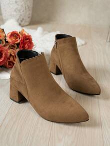 Women's Brown Boots, New Autumn/Winter Fashion Versatile Pointed Toe Comfortable Chunky Heel Mid-Heel Retro Burgundy Boots, Side Zipper, Minimalist, Suitable For Daily, Holiday, Party, Elegant, Solid Color, Classic Boots - Coffee Brown - View 5