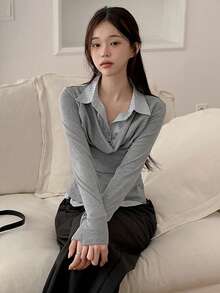 Áo kiểu nữ thanh lịch cổ bẻ dáng ôm 2 trong 1 tay dài kẻ sọc, thích hợp cho mùa xuân. - Màu Xám nhạt - Xem 4