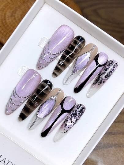 10 Pieces Pure Hand-Painted Wearable Nails Long Oval Nail Shape Hand-Painted Personalized Purple Gradient Lace Cat Eye Magic Mirror Powder Nails Quality Temper Simple Design Nails, Press On Nail