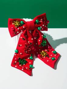 1pc Fashionable Christmas Element Bow Hair Clip, Women PET Material Flower Decor Spring Clip With Rhinestone & Pearl, Holiday Party Essential Accessory, Claw Clips, Hair Slide, Hair Barrettes, Hair Accessories - متعدد الألوان - مشاهدة 3