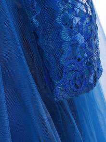 Tween Girls Long Sleeve Lace Beaded 3D Floral Mesh Elegant Piano Recital Dress, Suitable For Birthday Party, Ball, Excludes Headband - 寶藍色 - 查看 7