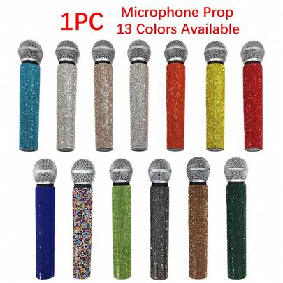 1pc Simulation Rhinestone Microphone Props, Home Bar Brilliant Mic Props Decorative Ornaments Party Favor, Speaking Practice Props