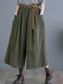 Plus Size Women Loose Pocket Wide Leg Pants, Suitable For Casual And Work Wear - Green - View 1