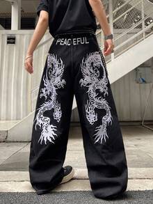 Justice Brother 1pc American Streetwear Brand Personalized Embroidered Men's Black Denim Jeans, All-Season Versatile Wide Leg Loose Long Pants (Belt/Accessories Not Included) - Black - View 6