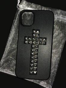 1pc Halloween DIY Punk Rivet Cross Religious Rock Rivet Metal Leather Phone Case, Compatible With Iphone 17 Pro Max 16 15 14 13 12 11 Pro Max Plus, Soft Back Cover - Black - View 5