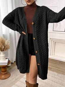 Plus Size Women's Solid Color Front Button Long Sleeve Casual Long Cardigan, Winter - Black - View 6