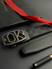 1 pieza Cinturón de hombre de negocios con hebilla automática, 3.5" de ancho con diseño en forma de M, versátil y casual, para hombres de mediana edad y jóvenes, cinturón de piel de PU con estampado de letras, apto para todas las estaciones, estilo vintage de dinero antiguo, atuendo urbano de otoño/invierno, moda clásica, regalo diario para novio