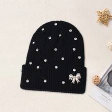 Women Knitted Hat, Bow Pearls Shiny Rhinestones Soft Crochet Hat Warm Winter Cap For Indoor Outdoor - 黑色 - 查看 3
