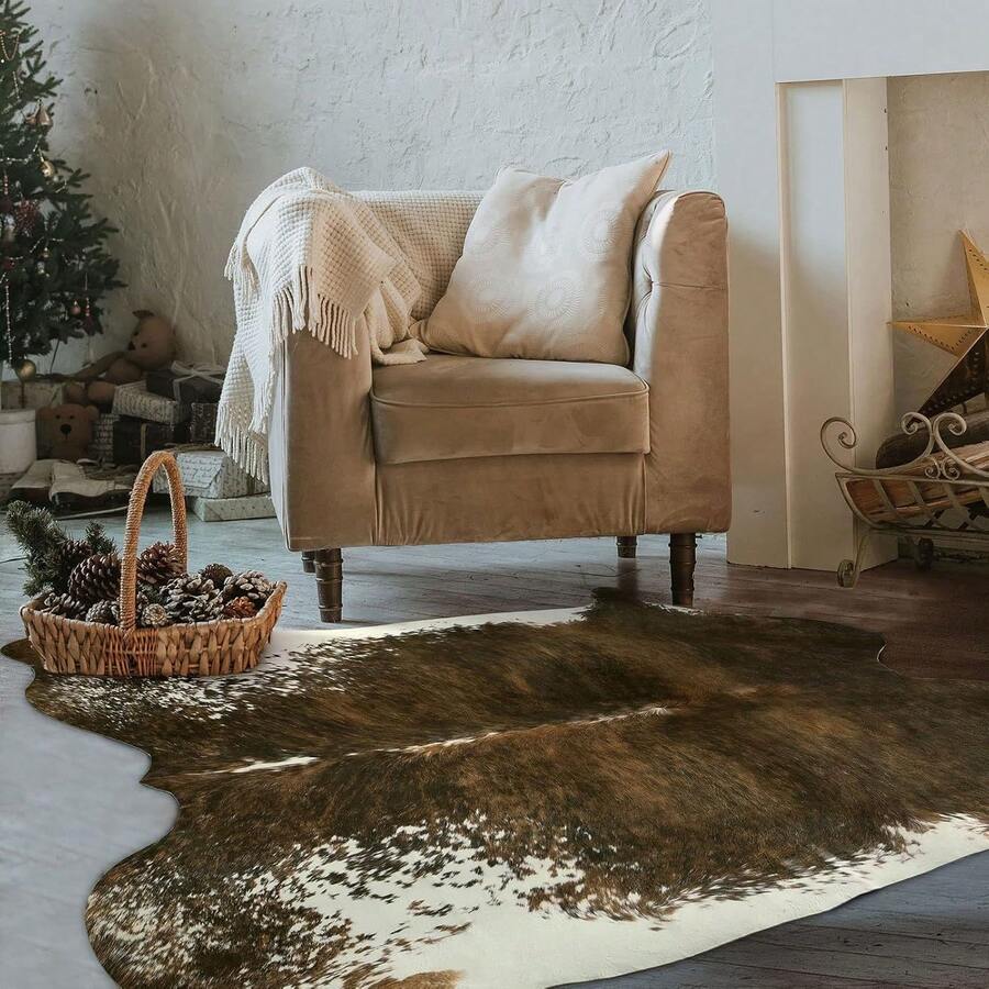 Faux Cowhide Rug, Cow Print, Rustic Western Rugs For Living Room Bedroom, Irregular Animal Skin Hides, 4.6 X 5.2ft, Anti-Skid Cool Carpets For Cowboy Cowgirl Home Decor, Khaki Brown - 橄欖綠 - 查看 1