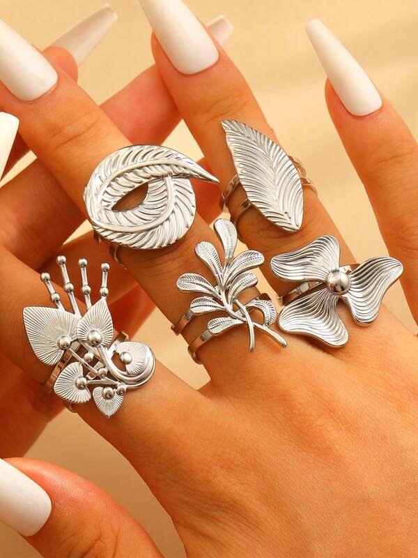 1 szt. Asymetryczny kwiat i liść teksturowany, przesadnie duży, wysokiej jakości regulowany otwarty pierścień ze stali nierdzewnej, modny elegancki dodatek do biżuterii, odpowiedni na imprezy i spotkania