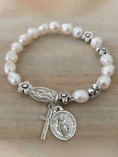 1pc Faux Pearl Beaded Flower Cross & Virgin Mary Pendant Bracelet, Vintage Style Faux Pearl Bracelet Suitable For Women And Men, Jewelry Gift