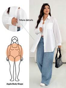 Shapeblank Plus Size Women's Apple-Shaped Body Casual Drop Shoulder Loose Blouse, Spring Autumn, Fall/Winter Vacation, Beach Outfit, Airport Outfits, White Blouse, Winter Outfits For Women, Casual Blouses For Ladies, Winter Clothes For Women - White - View 1
