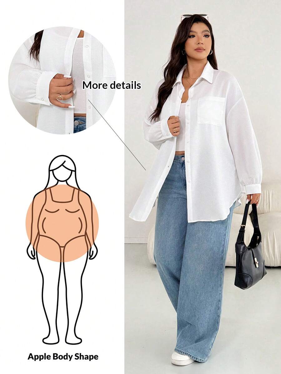 Shapeblank Plus Size Women's Apple-Shaped Body Casual Drop Shoulder Loose Blouse, Spring Autumn, Fall/Winter Vacation, Beach Outfit, Airport Outfits, White Blouse, Winter Outfits For Women, Casual Blouses For Ladies, Winter Clothes For Women - White - View 1