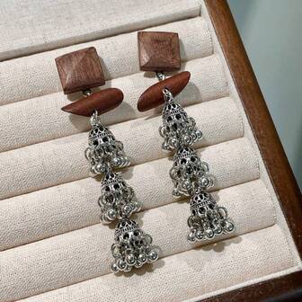 一对复古几何木质铃铛灯笼流苏耳环女士简约精致耳钉