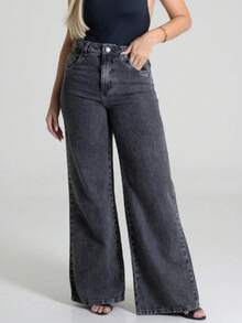 Women's Wide Leg Black Marbled Mid-Rise Wide Leg Jeans - Xám - Xem 2