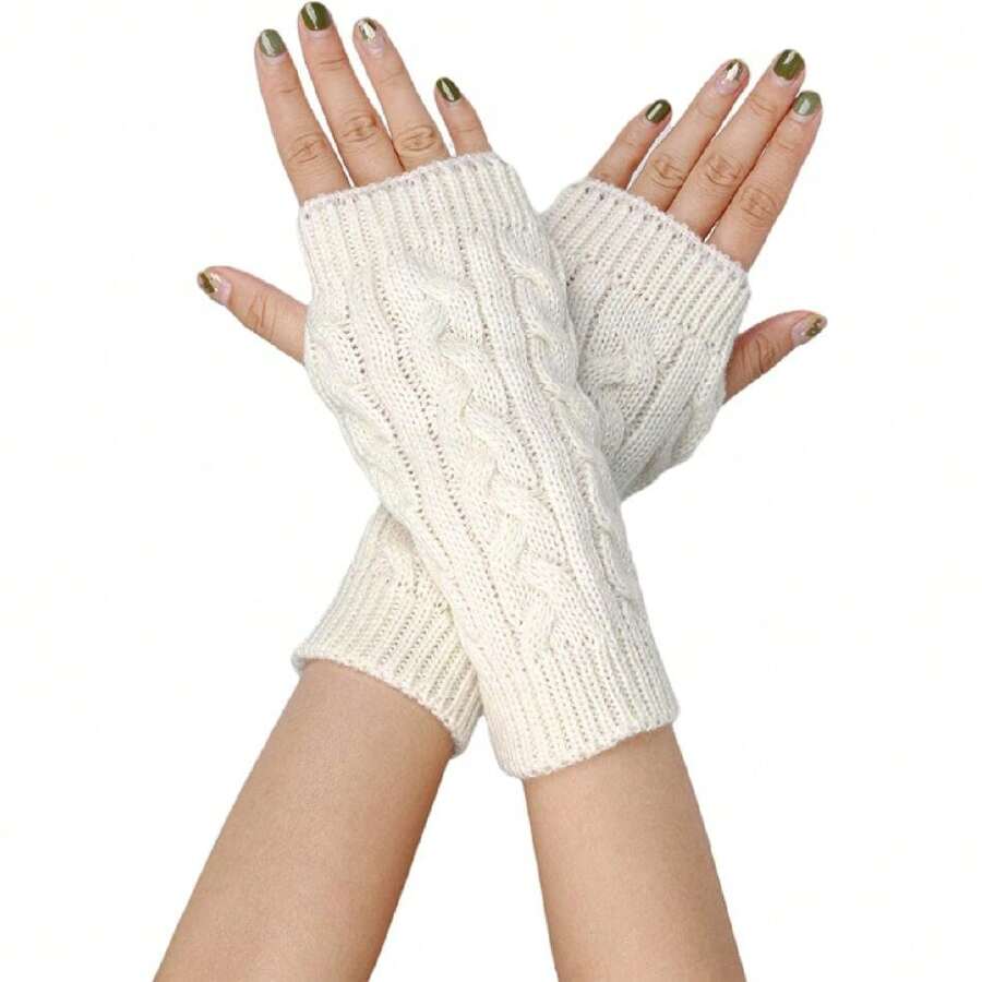 Womens Fingerless Gloves Winter Warm Knit Arm Warmers Mittens Soft Hand Crochet Wrist Warmers Thumb Hole Gloves,25515578 - 白色 - 查看 1