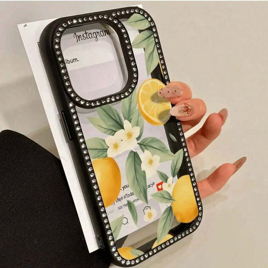 3-in-1 Double-Sided Phone Case with Lemon Flower and Rhinestones, Suitable for Series 16 Pro Max, 16, 15 Pro, 14, 14 Plus/14 Pro Max, 13, 13 Pro, 12 Pro, 11 Pro Promax.Non-slip and stain-resistant soft case suitable for men and women with diamond decorati