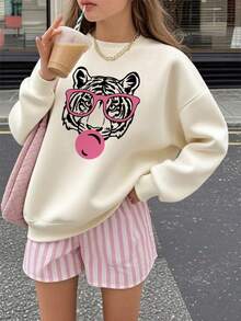 1pc Tween Girl Casual Tiger Glasses Print Pullover Crew Neck Sweatshirt, Thick Long Sleeve Student For Autumn/Winter, Unique For Animal Lovers Who Want To Stand Out - Apricot - View 4