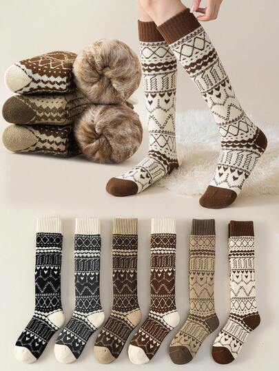 1 Pair Women's Knee,High Socks, Colorblock Wavy Pattern, Thermal Lined, Warm & Thick For Autumn/Winter, Cozy Socks