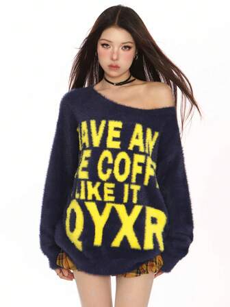 女式字母印花宽松长袖毛衣，秋冬