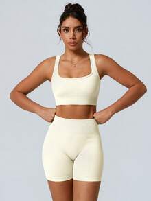 NcmRyu Two Piece Back Tank Top Sports Bra Stretchy Gym ShortsSleeveless Tummy Control Workout Gym High WaistedFitness Running Sportswear Butt Lifting - 白色 - 查看 4