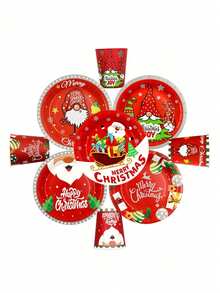 12 件圣诞主题一次性纸杯和盘子套装，圣诞节一次性纸杯和盘子 - 彩色 - 查看 6