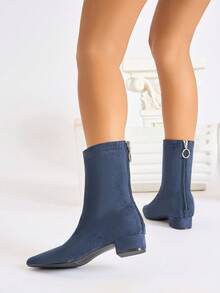 Giày bốt thời trang nữ, giày bốt cổ ngắn mũi nhọn, gót dày, kiểu dáng mới, màu đỏ đô gợi cảm - Màu xanh lam - Xem 5