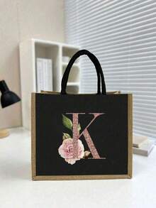 26字母印花手提袋，多功能便携印花手提袋，大容量耐用轻便手提袋，亚麻花卉图案字母印花手提袋 - 彩色 - 查看 4