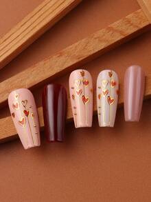 2pcs Red Heart Nail Sticker With Shiny Golden Stripe Line Design Valentine's Day Romantic Self-Adhesive Acrylic Nail Art Decals For DIY Manicure Nail Art Charms Nail Supplies - Multicolor - View 5