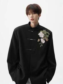 New Chinese Style National Style Peony Flower Embroidery Stand Collar, Stiff And High-Quality Suit Jacket, Men's Engagement Suit - màu đen - Xem 5