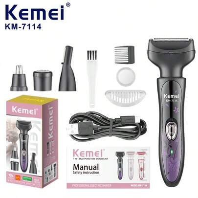 Kemei KM-7114 四合一女士电动剃须刀 - 比基尼修剪器、女士可充电电动剃须刀、女士私处毛发修剪器、个人修剪器（适用于身体、鼻毛、耳毛、胡须、眉毛）、完美去除面部毛发，USB Type-C接口