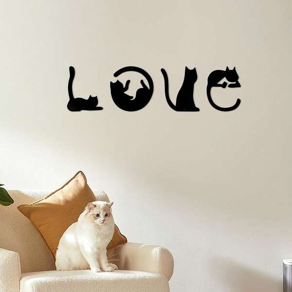 4pcs Metal Waterproof Anti-Breaking Cat Silhouette Mural, Christmas Home Wall Decoration, Room Decoration, Black "Love" Cat Decoration, Bathroom Essentials, Kitchen, Bedroom Decoration, Very Suitable For Cat Lovers Decoration Supplies, Valentine's Day Decoration