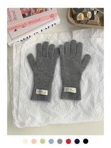 纯色标签针织手套，女士秋冬露指触屏五指防风保暖手套，女士多功能加厚针织手套，骑行保暖