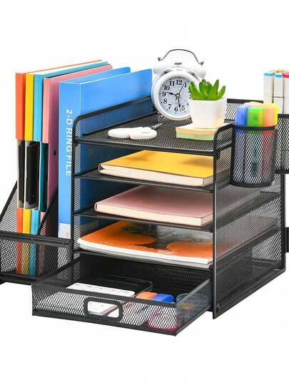 Fünfschichtiges Lagerregal aus Metalleisengeflecht, Aktenregal mit zwei Stifthaltern, Dokumentenregal, Schreibtisch-Desktop-Lagerregal