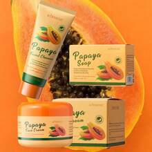 木瓜面部护理保湿三件套 - 木瓜保湿霜、木瓜洁面乳、木瓜沐浴皂，多效合一护肤组合 - 黃色 - 查看 4