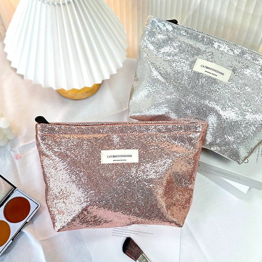 闪亮化妆包，亮片化妆包，金属手拿包，光泽晚宴包，大容量女士旅行收纳包，便携式洗漱包，适合派对、婚礼、日常使用